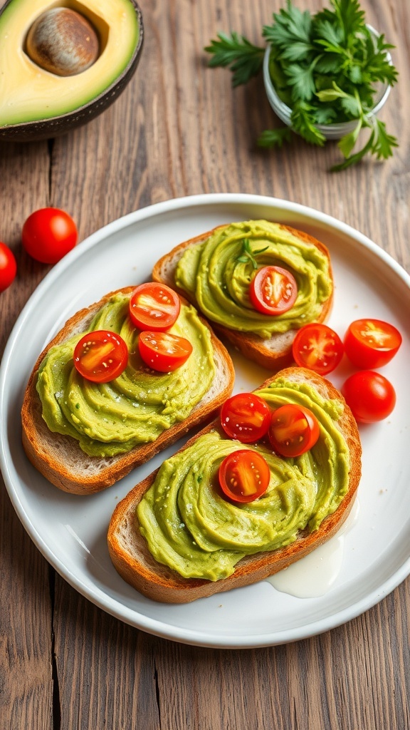 Avocado Toast Recipe Avocado toast topped with cherry tomatoes on a rustic wooden table.